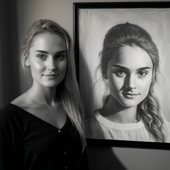Фото заказчицы рядом с ее портретом по фото стиллизованным под карандашный рисунок