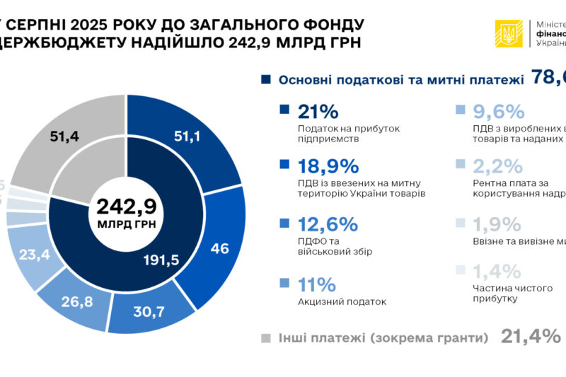 Державний бюджет України: надходження за серпень 2025 року