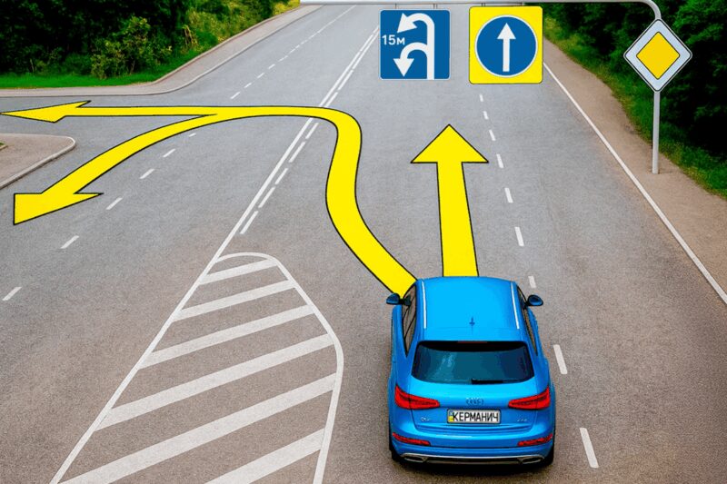 Дорожні знаки: куди може їхати водій синього авто?