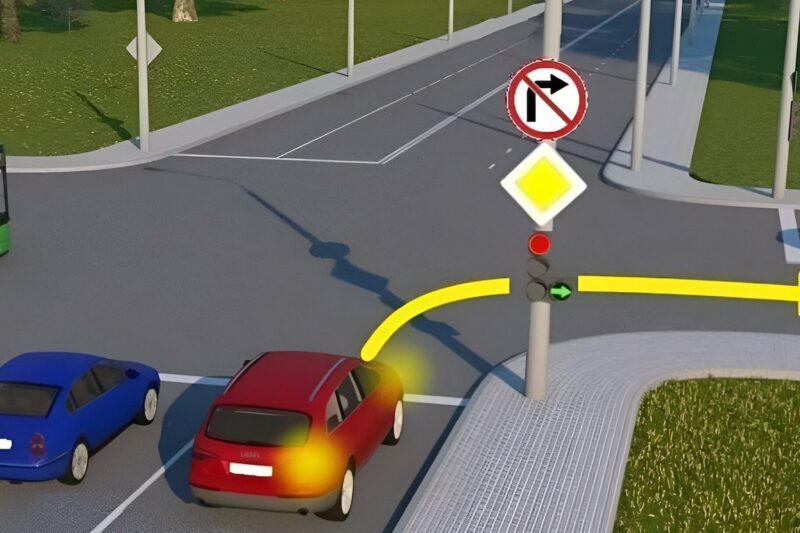 Чи може водій червоного авто повернути праворуч?